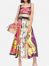 Two Piece Dress Summer design printing suspender tube top short coathigh waist big swing skirt Aline fashion twopiece womens suit 230630