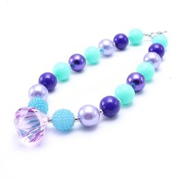 Fashion Kids Purple+Blue Chunky Bubblegum Beaded Necklace With diamond Pendant Choker For Girls Child Party Gift