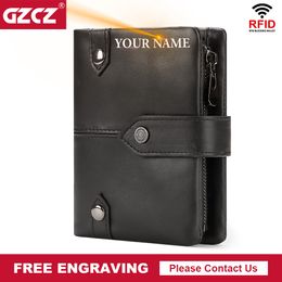 Free Engraving Genuine Leather Men's Wallet Mini Short Purse RFID Blocking Credit Card Holder for Women with Big Zipper Pocket