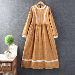Casual Dresses Spring Women Sweet Round Collar Cotton And Linen Flower Loose Long-Sleeved Dress