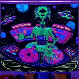 Tapestries Alien DJ Blacklight Tapestry Wall Hanging UV Reactive Cartoons Black Light Glow In The Dark Neon Room Decor Aesthetic 230701