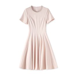 2023 Summer Pink Solid Color BeadedDress Short Sleeve Round Neck Knee-Length Casual Dresses W3L045803