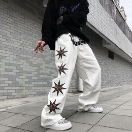 Women's Jeans Star Patch Designs White Women Letter Embroidery Hip-Hop Streetwear Straight Trousers Female High Waist Patchwork