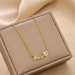 Necklaces Pendant New Fishbone Pendant Necklace for Women Simple Female Stainless Steel Vintage Choker Chain Fashion Jewelry R230829