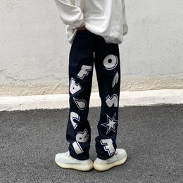 Women s Jeans high street printed alphabet jean s retro brand loose straight summer ultra elastic mopping hip hop pants 230701