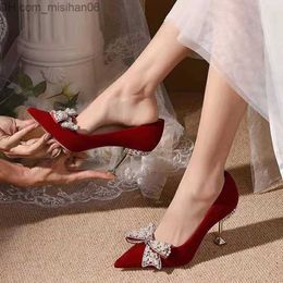 Dress Shoes Dress Shoes Rimocy Sweet Bow Pearl Pumps Women Spring Wine Red Metal High Heels Wedding Shoes Woman Sexy Pointed Toe Pumps Ladies Z230703