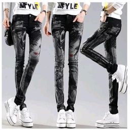 black long jeans woman casual pencil pants girl washed rhinestones drilling printing skinny 6115222O