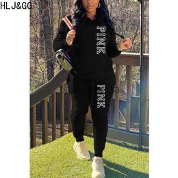 Women's Two Piece Pants HLJ GG Fall Winter PINK Letter Print Hooded Two Piece Sets Women Long Sleeve Sweatshirt And Jogger Pants Tracksuit Outfit Winter J230703