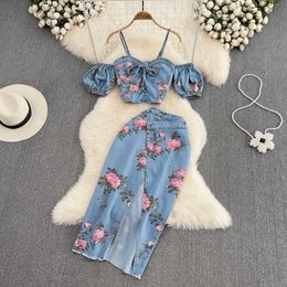 Two Piece Dress Women 2 Set Denim Fashion Female Flower Print Chic Sexy Sling Crop Top High Waist Irregular Split Skirt Summer Lady Suit 230630