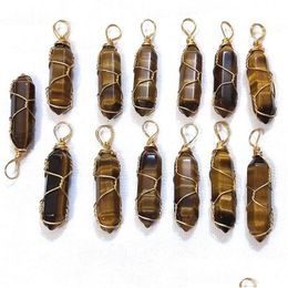 Charms Gold Wire Wrap Natural Stone Tiger Eye Pillar Shape Point Chakra Pendants For Jewellery Making Wholesale Handmade Craft Drop De Dhnxu