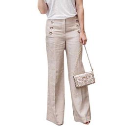 Women's Pants Capris 60% solid Colour buttons high waist wide leg women's cotton linen pants HDK230703