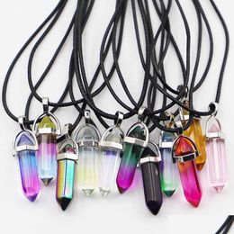 Pendant Necklaces Rainbow Glass Hexagonal Column Point Leather Cord Necklace Cylindrical Charms Minerals Healing Crystal Jewelry Dro Dhfeq