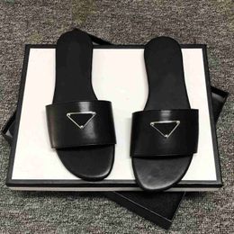 Women Designers slipper Sandals Flat Slides Flops Summer Triangle leather Outdoor Loafers Bath Shoes Beachwear Slippers Black White Brown fashion shoes T230703