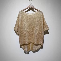 T-Shirts Cakucool Women Gold Lurex Knit Pullover Silver Thread Long Batwing Sleeved Slash Neck Shirts Loose See Through Shirt Top Female