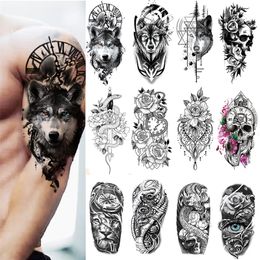 Temporary Tattoos 100 Piece Wholesales Waterproof Temporary Tattoo Sticker Wolf Tiger Skull Snake Flower Body Arm Henna Fake Sleeves Man Women 230701