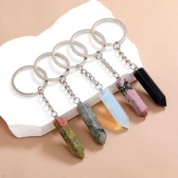 Key Rings Hexagonal Column Ring Natural Stone Opal Crystal Gem Keychain For Women Men Personality Accessories Drop Delivery Jewelry Dhsd9