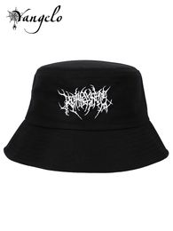 Yangelo Gothic Alphabet Embroidered Fisherman Hat Women Street Punk Grunge Cotton Outdoor Sun Cap