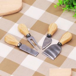 Cheese Tools 4Pcs/Sets Knives Board Set Oak Handle Butter Fork Spreader Knife Kit Kitchen Cooking Usef Accessories 254 V2 Drop Deliv Dhhsz