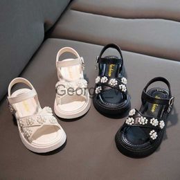 Sandals Children Sandals 2023 Summer New Girls Korean Style Kids Fashion Versatile Pearls Cute Princess Hook Loop Solid Black for Show J230703