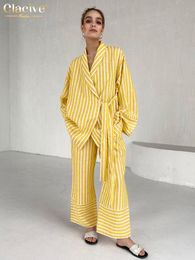Women's Tracksuits Clacive Casual Yellow Stripe Home Suits Elegant High Waist Wide Pants Set Fashion Long Sleeve Shirts Two Piece Set Women Outfit 230703