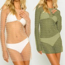 Women's Swimwear Bohemia Holiday Dress Fashion Women Bikini Cover Up Sexy Long Sleeve Beaded Mesh Short Slim Party Clothing Summer T-Shirts