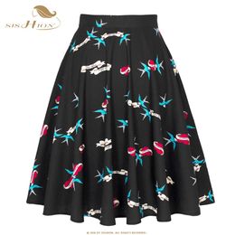Dresses Sishion Y2k Summer 50s 60s Birds and Hearts Printed Cotton Vintage Skirt Jupe Vd0020 Black High Waist A Line Skirts for Women