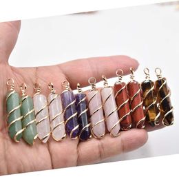 Charms Natural Stone Pendants Healing Pendum Amethyst Rose Quartz Sier Gold Wire Hexagon Agate Onyx Reiki Crystal Diy Jewelry Drop D Dhxza