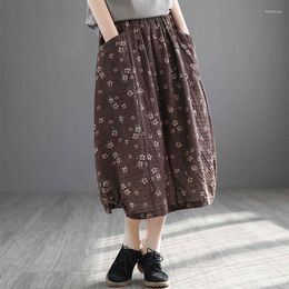 Skirts 2023 Spring Arts Style Women Elastic Waist Loose Long A-line Skirt Vintage Print Casual Cotton Linen Top Quality V738