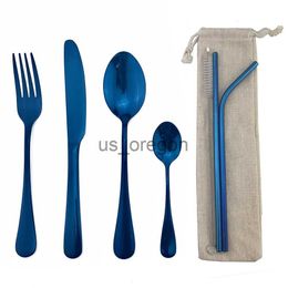 Dinnerware Sets Shiny Blue Stainless Steel Cutlery Set Dinnerware Dinner Set Sharp Steak Knives Forks Scoops Blue Utensils Tableware Set 1 pcs x0703