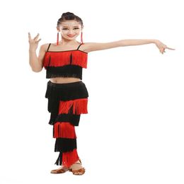 Latin Dance Dress for Girls Adult Ballroom Tassel Fringe Tops Pants Salsa Samba Costume Kids Children Dance Competition Costume278g