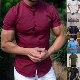 Men's Casual Shirts Solid Color Stand-up Collar Shirt Printed Short-sleeved Summer