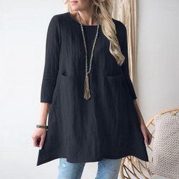 Casual Dresses Women Fall Dress Loose Round Neck Solid Color Three Quarter Sleeves Pullover Soft Breathable Patch Pockets A-line Mini