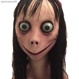 Scary Momo Mask Hacking Game Horror Latex Mask Full Head Momo Mask Big Eye With Long Wigs L230704