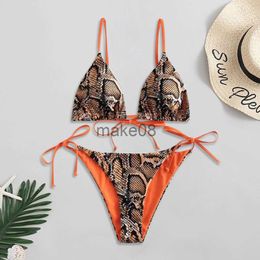 Women's Swimwear Hot Sale plus size swimsuit for women 2 piece Sexy Snakeskin Print Lace Up High Cut Leg Bikini Set Two Piece Swimsuit bikinis J230704