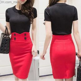 Skirts High Waist Elastic Women Skirts Elegant Slim Solid Colour Black Red Double Button OL Sexy Back Slit Pencil Skirts For Women Z230705