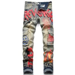 Retro Blue Jeans Slim Fit Pants Mens Denim Doodle Big Pocket Cargo Pant US Size Hip Hop Trousers For Male Big Size 29-38197A