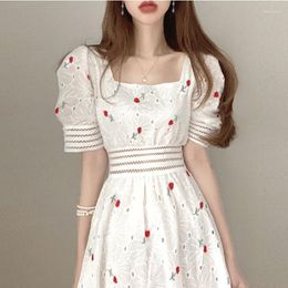 Party Dresses Summer Dress Puff Sleeve Embroidery Flower Vintage Elegant Woman Long Square Neck For Women 2023 Korean