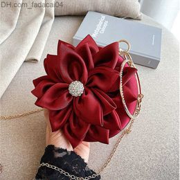 Evening Bags Evening Bags Red Flower Clutch Purse Women Round Bag Crystal Diamond Wedding Silk Handbag Exquisite Chain Shoulder FTB154 Z230706