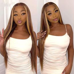 Highlight Straight Human Hair Wigs Ombre Honey Blonde Coloured Lace Wig For Women 150% Density Brazilian Remy Wig