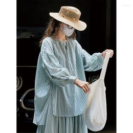 Women's Blouses Summer Striped Shirts Pullover Loose Tops Women Lantern Sleeve Sunscreen Cotton Japanese Style Comfortable Thin 2023 Casual