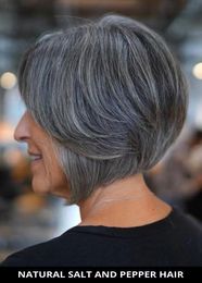 Salt and pepper human hair wigs cheap glueless hd short pixie cut grey bob machine wig no lace real natural silver Grey 130%density hot for sale