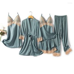 Women's Sleepwear 5PCS Womens Pajamas Set Summer Satin Kimono Bathrobe Gown Loungewear Sexy Lace Pyjamas Suit Lounge Wear