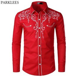 Men's Casual Shirts Floral Embroidery Red Tuxedo Shirt Male Brand Slim Long Sleeve Mens Dress s Chemise Homme Wedding Party for Men 230706