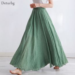 Skirts High Quality Cotton Linen Maxi Skirt Womens Casual Elastic Waist Pleated ALine Beach Boho Saia Feminina Faldas Jupe 230703