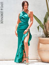 Dresses Love&lemonade Sexy Emerald Green Offshoulder Cutout Split Ruffled Reflective Satin Party Maxi Dress Lm82202a