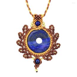 Pendant Necklaces Natural Lapis Lazuli Crystal Quartz Stone Handmade Thread Rope Wrapped Donut Coin Braided Macrame Necklace Women Jewellery