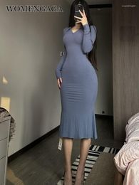 Casual Dresses WOMENGAGA Spice Girl Fishtail Wrap Hip Blue Polo Shirt Long Sleeve High Waist Sexy Slim Maxi Dress Korean UM8N