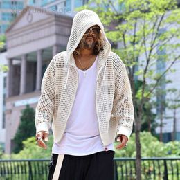 Men's Hoodies Apricot Black Knitted Hollow Out Oversized Sun Protection Summer Long Sleeve Men Shirt Zipper Hooded Korean Fashion Top HKD230704
