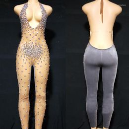 Stage Wear Gogo Dance Costume Sexy Sleeveless Grey Velvet Rhinestones Stretch Jumpsuit Women Pole Festival Outfits XS3776