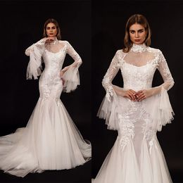 Luxury Mermaid Wedding Dresses High Collar Lone Sleeves Appliques Lace Bridal Gowns Custom Made Backless Sweep Train Robe De Mariee